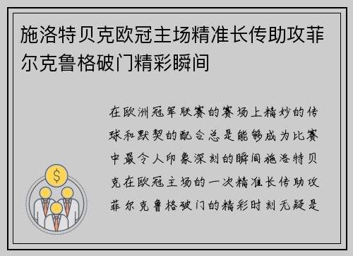 施洛特贝克欧冠主场精准长传助攻菲尔克鲁格破门精彩瞬间