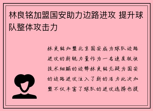 林良铭加盟国安助力边路进攻 提升球队整体攻击力