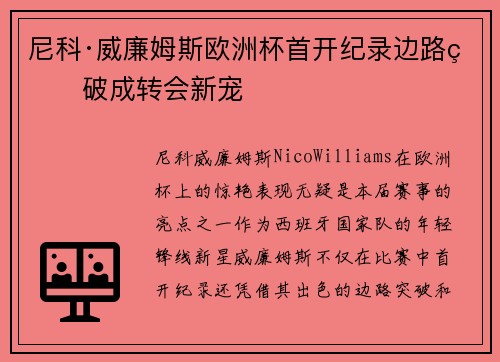 尼科·威廉姆斯欧洲杯首开纪录边路爆破成转会新宠 尼科·威廉姆斯欧洲杯首开纪录边路爆破成转会新宠
